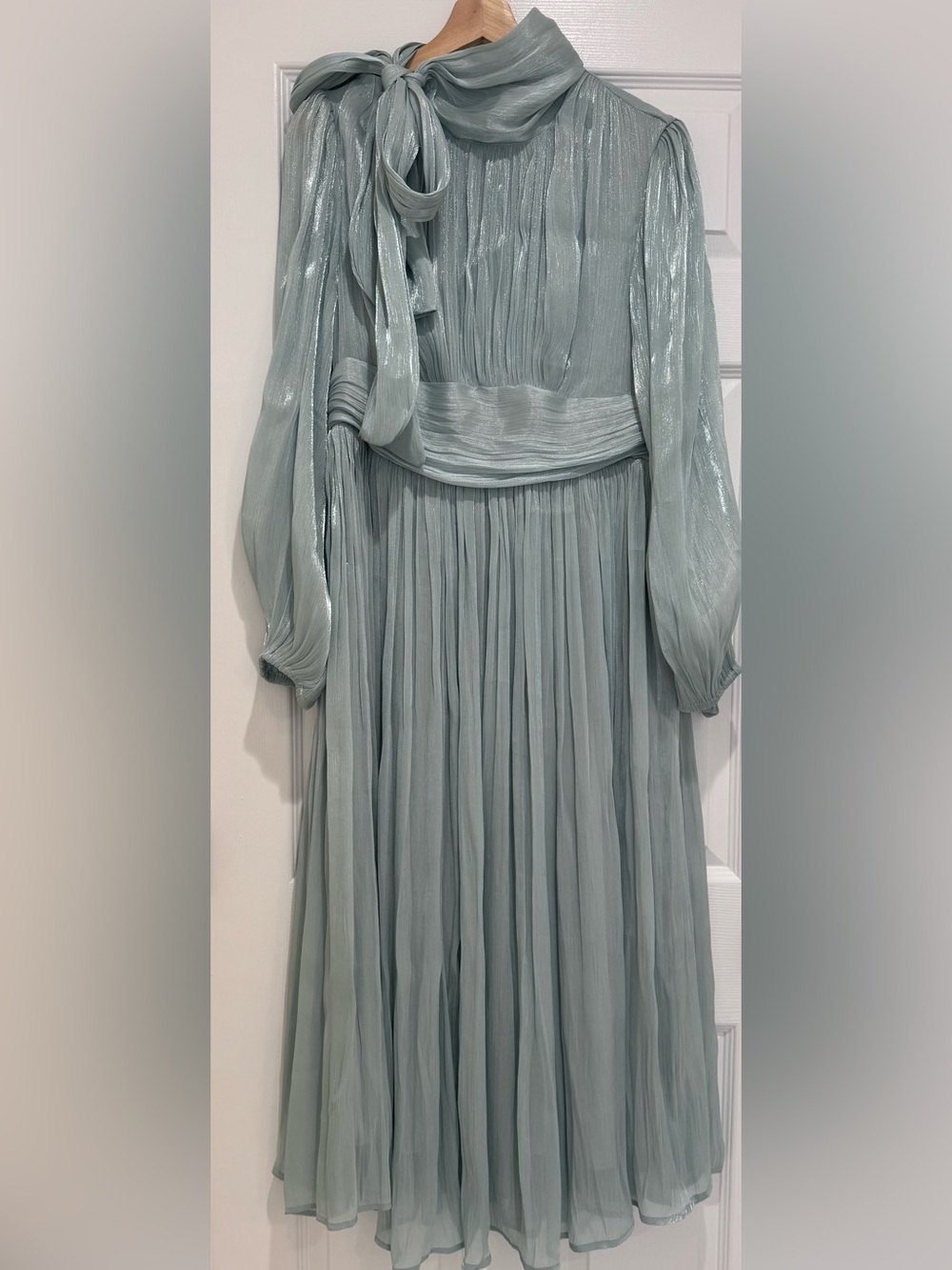 Anewsta Sage Green Pleated Shimmer Bow Neck Midi Dress Size M/L